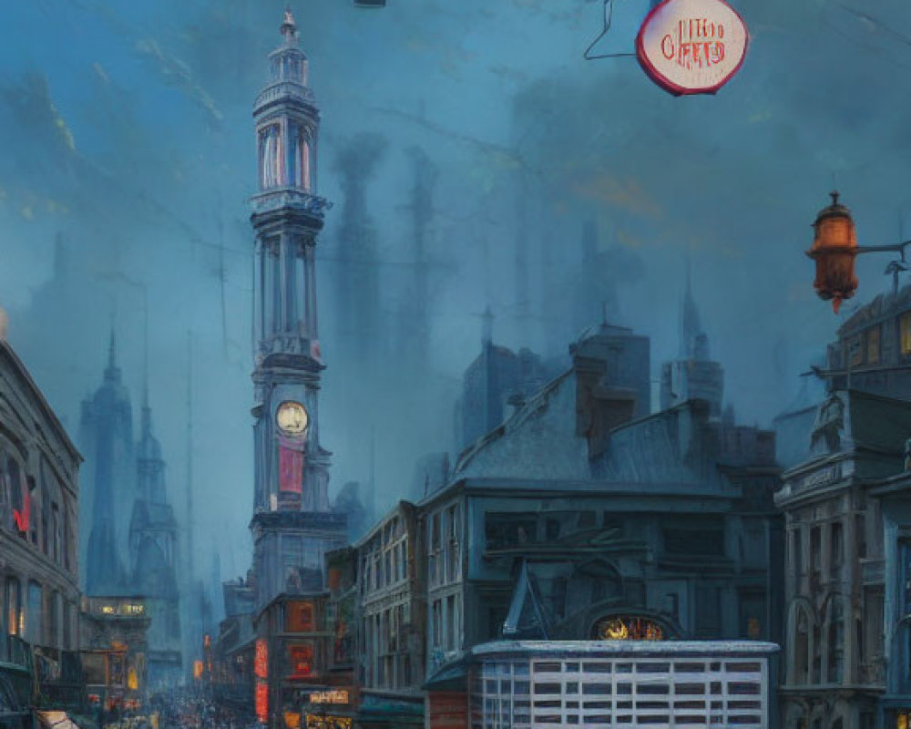 Futuristic cityscape at dusk with clock tower, cable cars, mix of architecture