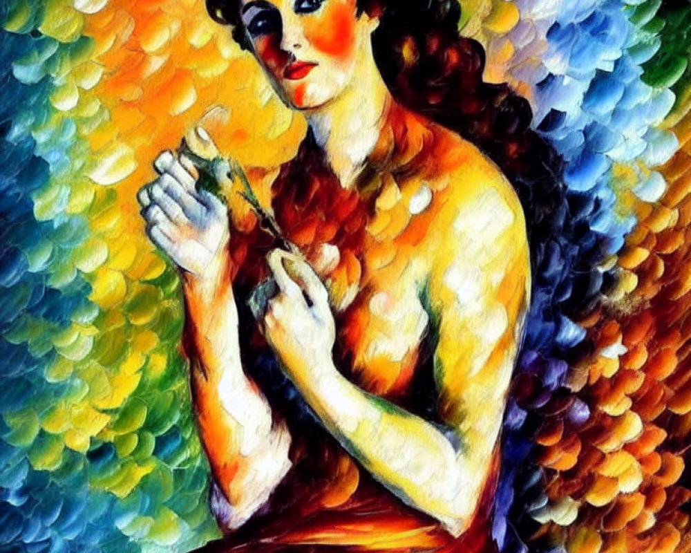 Colorful oil painting: Seated woman with red cheeks and intricate background.