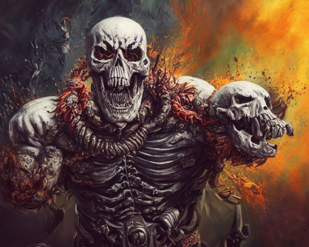 Dark fantasy art: skeletal figure with skull in fiery backdrop