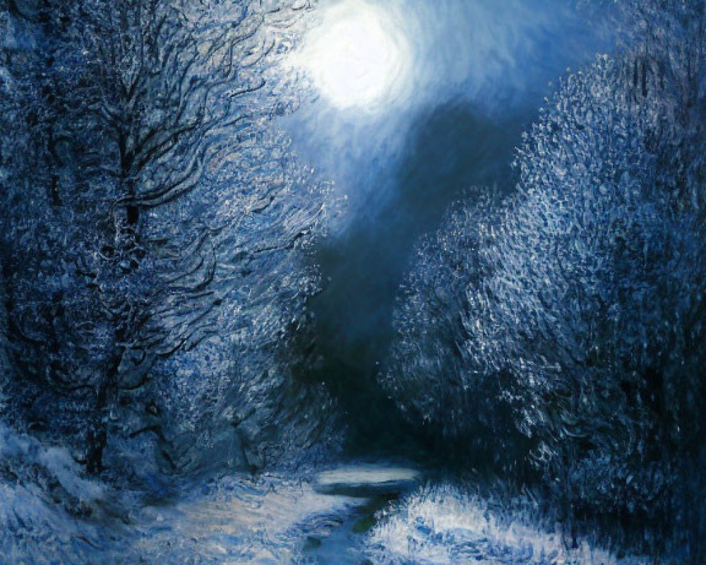 Moonlit snowy landscape with glistening trees and serene path