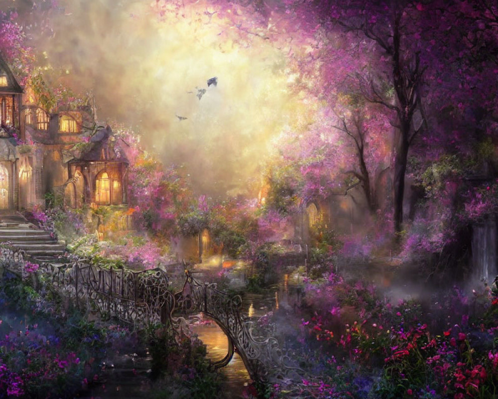 Enchanting cottage in blooming purple trees with bridge and birds