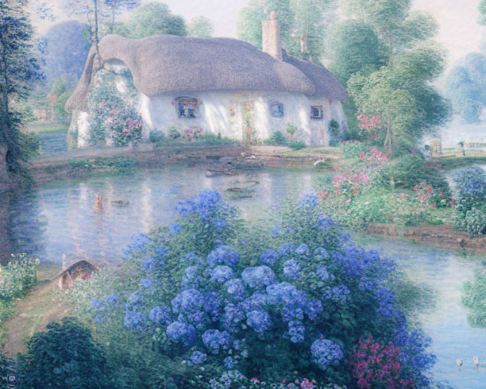 Tranquil painting of thatched cottage near pond