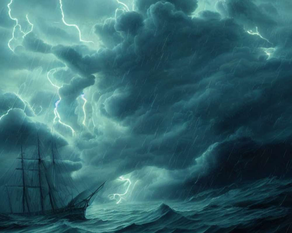 Stormy Seas: Ship Battling Lightning in Dark Clouds