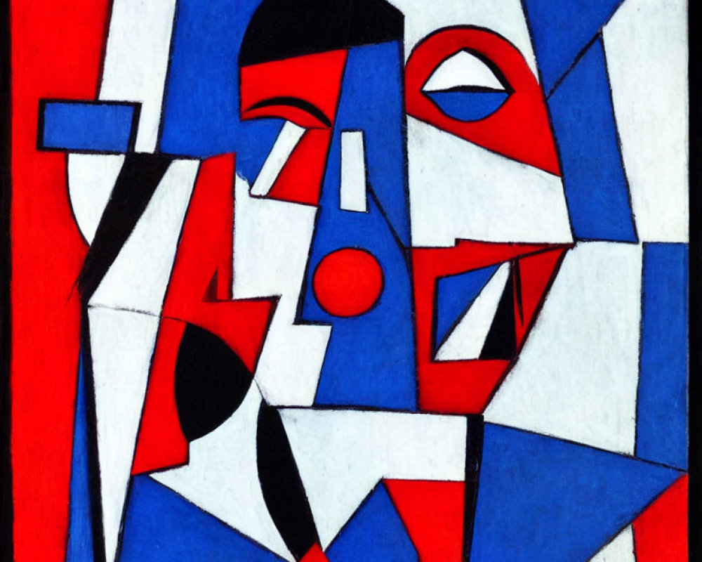 Abstract Cubist Painting of Human Face in Red, Blue, White, and Black