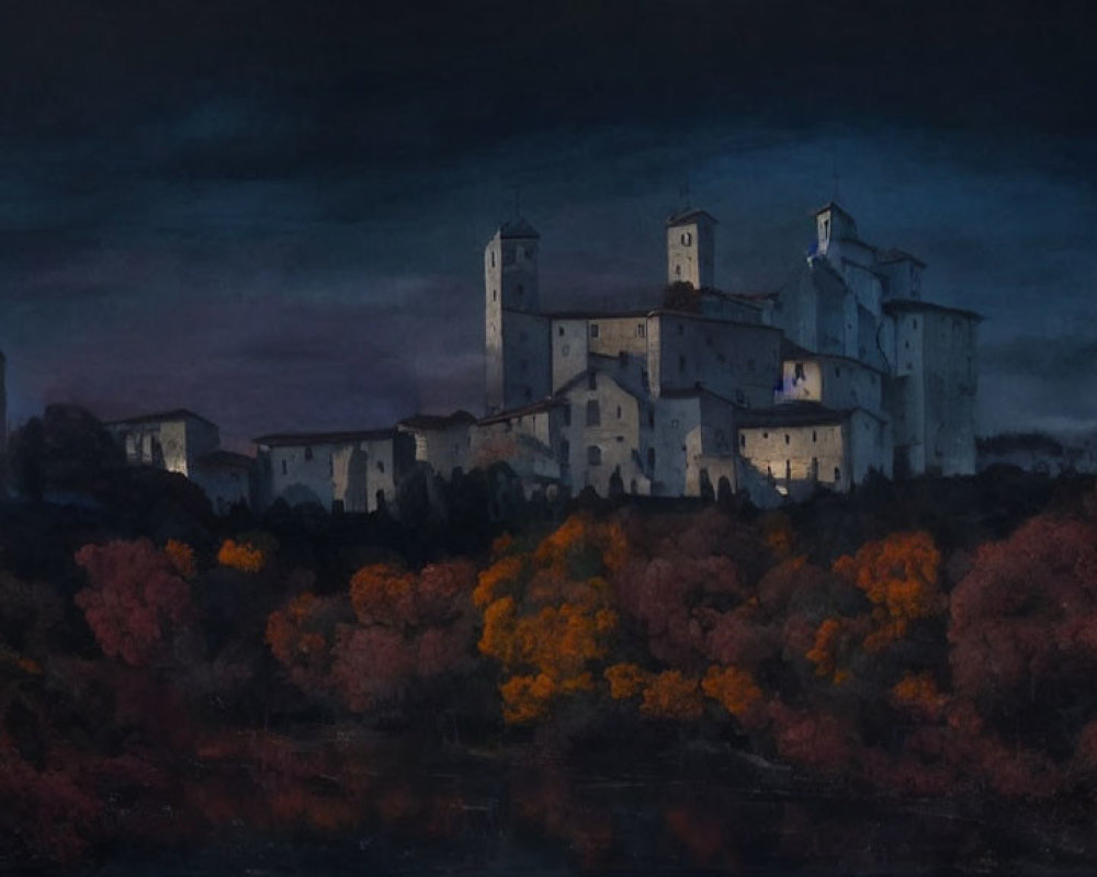 Dark landscape with illuminated castle on hill amidst autumn trees under stormy sky