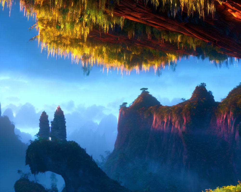 Floating Islands and Misty Cliffs in a Magical Landscape