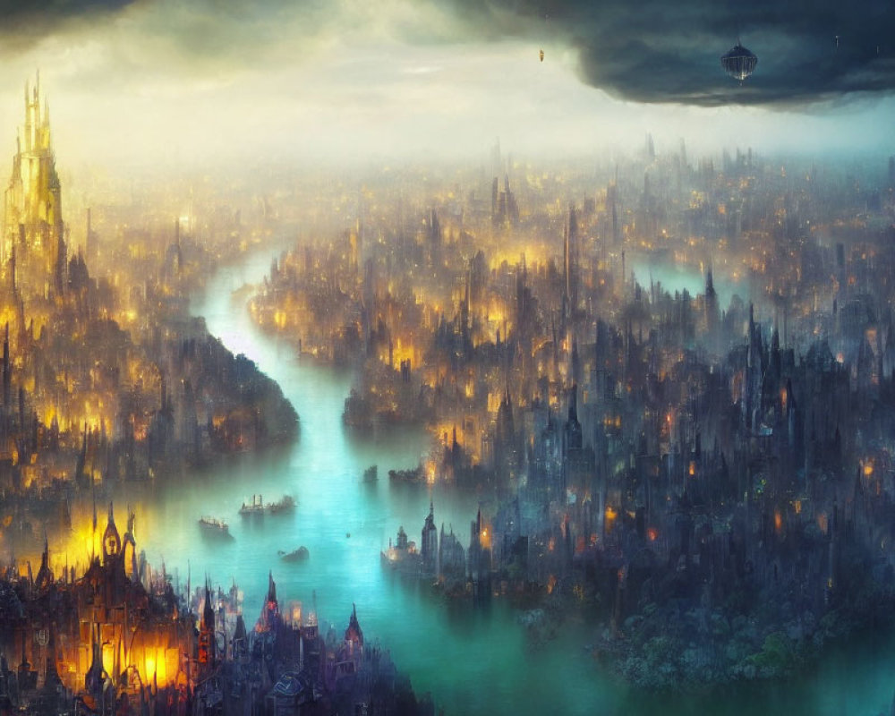 Fantastical cityscape with glowing river, tall spires, dense buildings, and airship