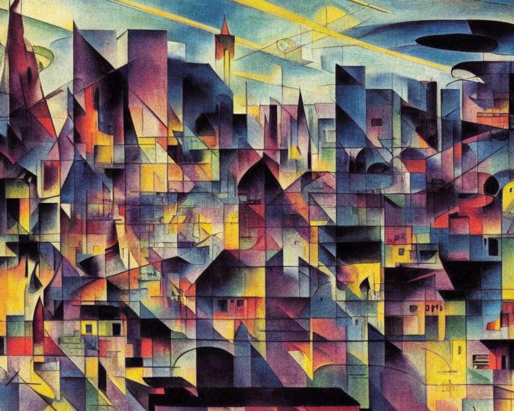 Vivid Cubist Cityscape with Fragmented Planes and Varied Colors
