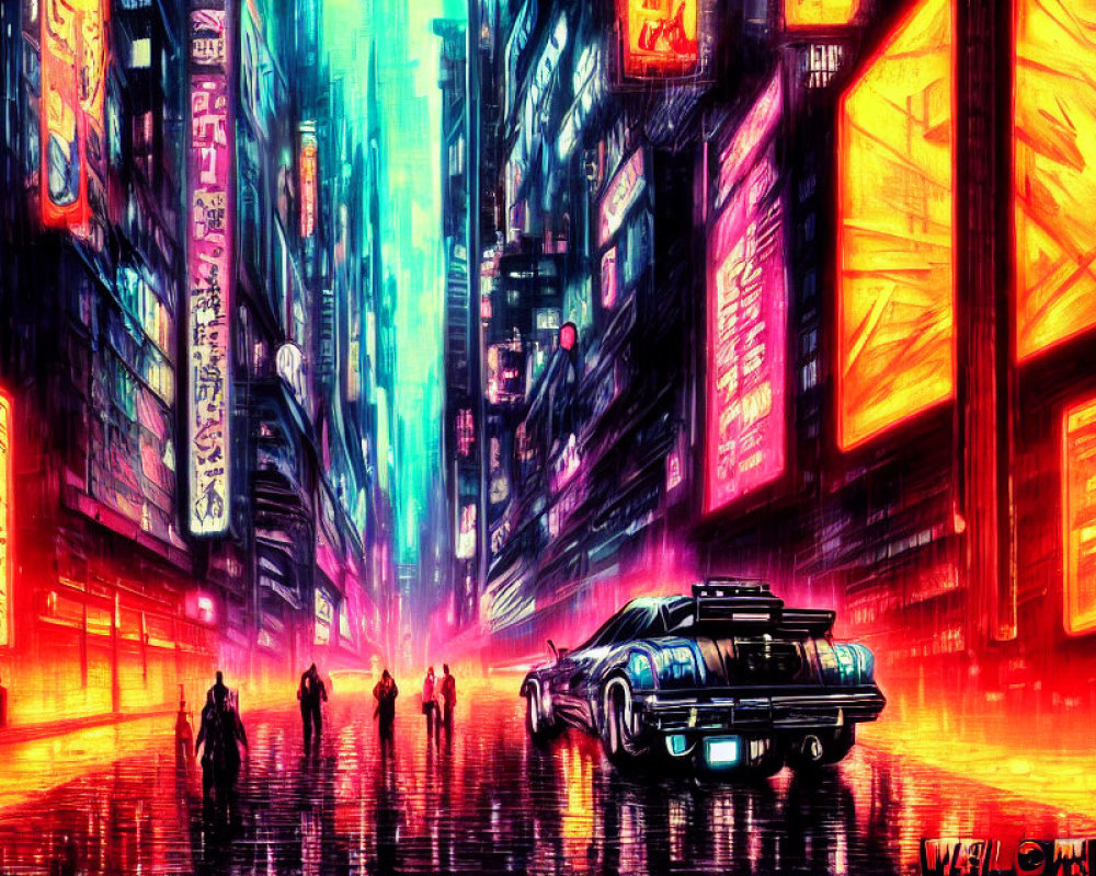 Colorful neon-lit city street with silhouetted figures and classic car at night.