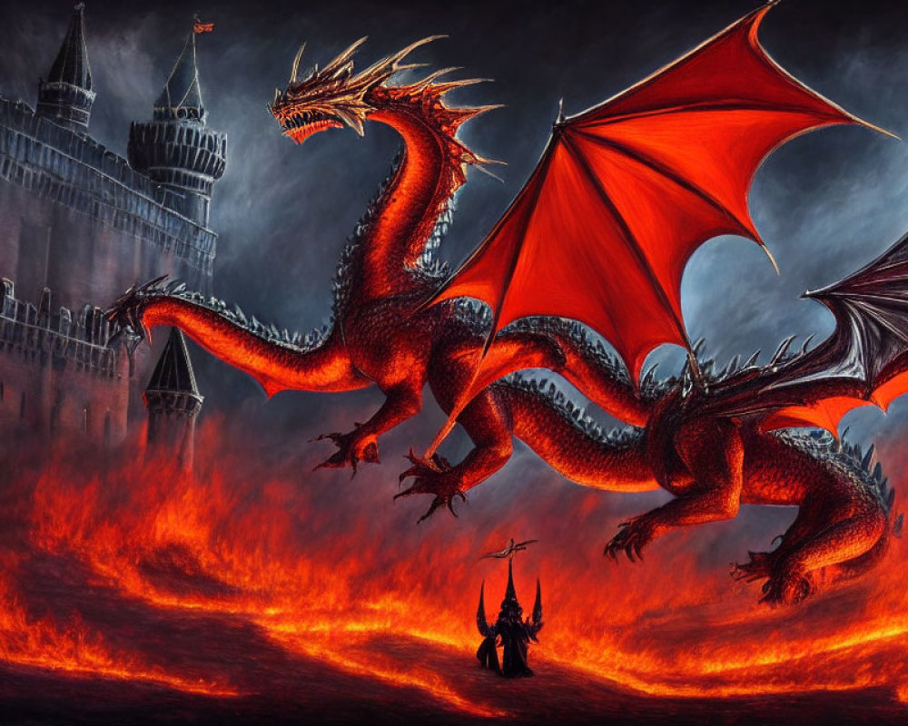 Majestic dragon in volcanic landscape with castle and lone figure