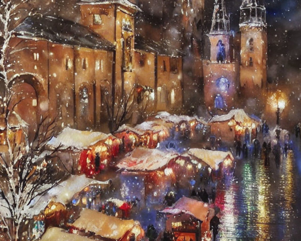 Snow-covered cathedral backdrop at bustling Christmas market