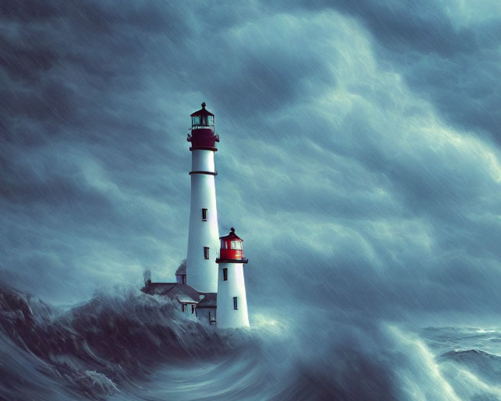 White Lighthouse with Red Roofs Amid Turbulent Ocean Waves