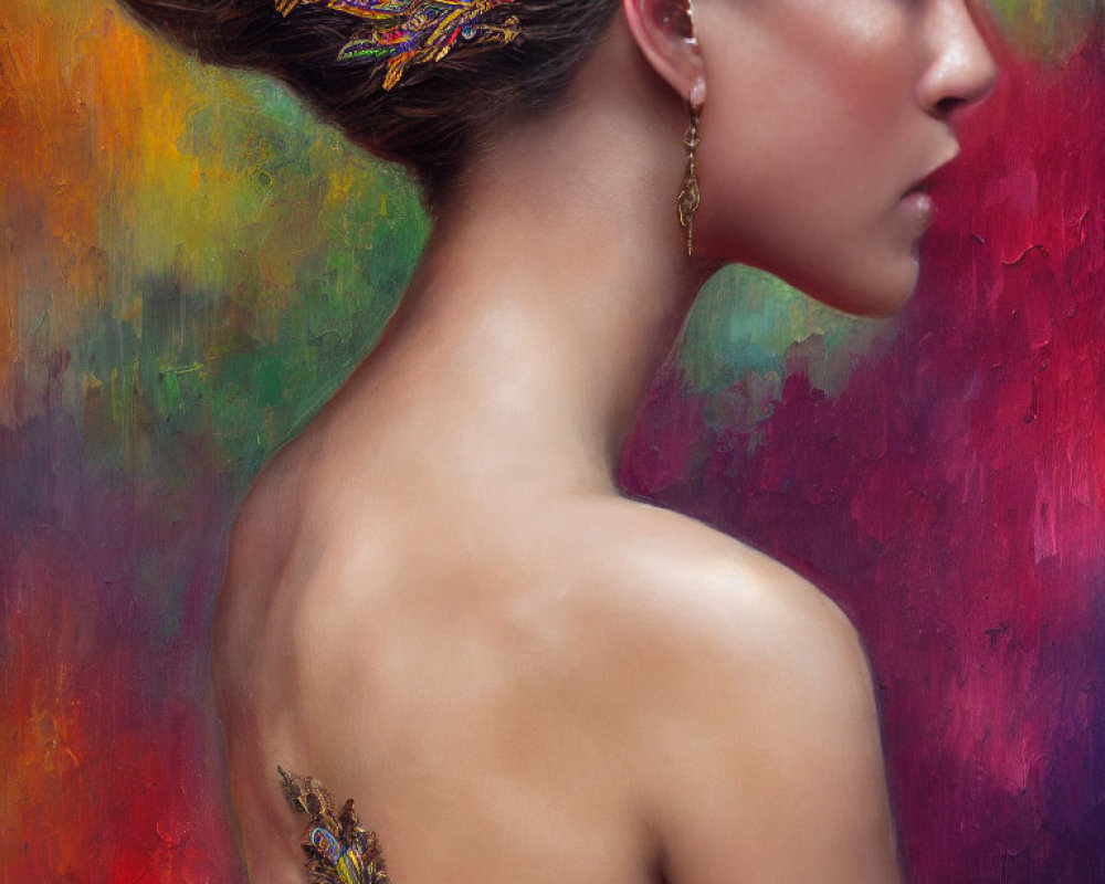 Woman with Elaborate Hairpiece and Decorated Back on Vibrant Abstract Background