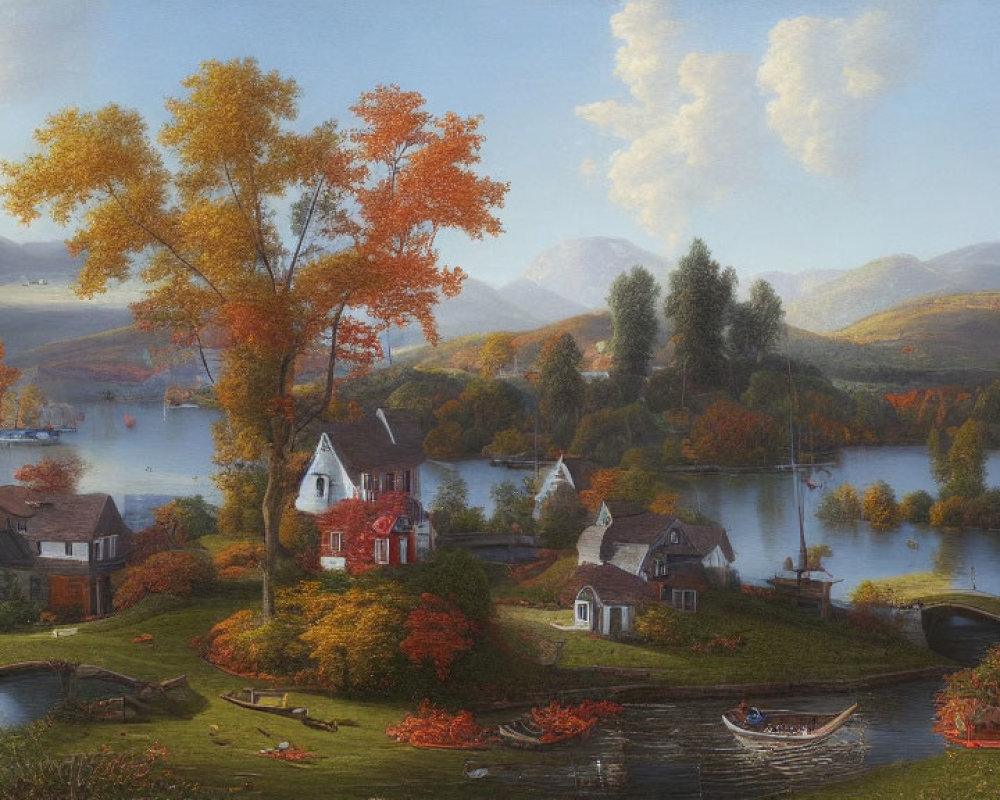 Tranquil autumn lake scene with rowboats, rustic houses, and colorful trees