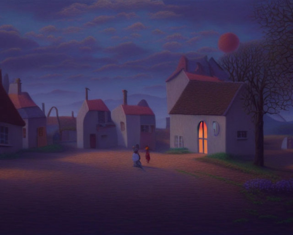Tranquil village street at twilight with children playing under surreal red moon