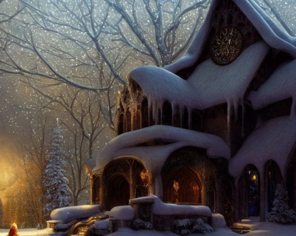 Snow-covered building with clock tower and glowing lights in snowy twilight.