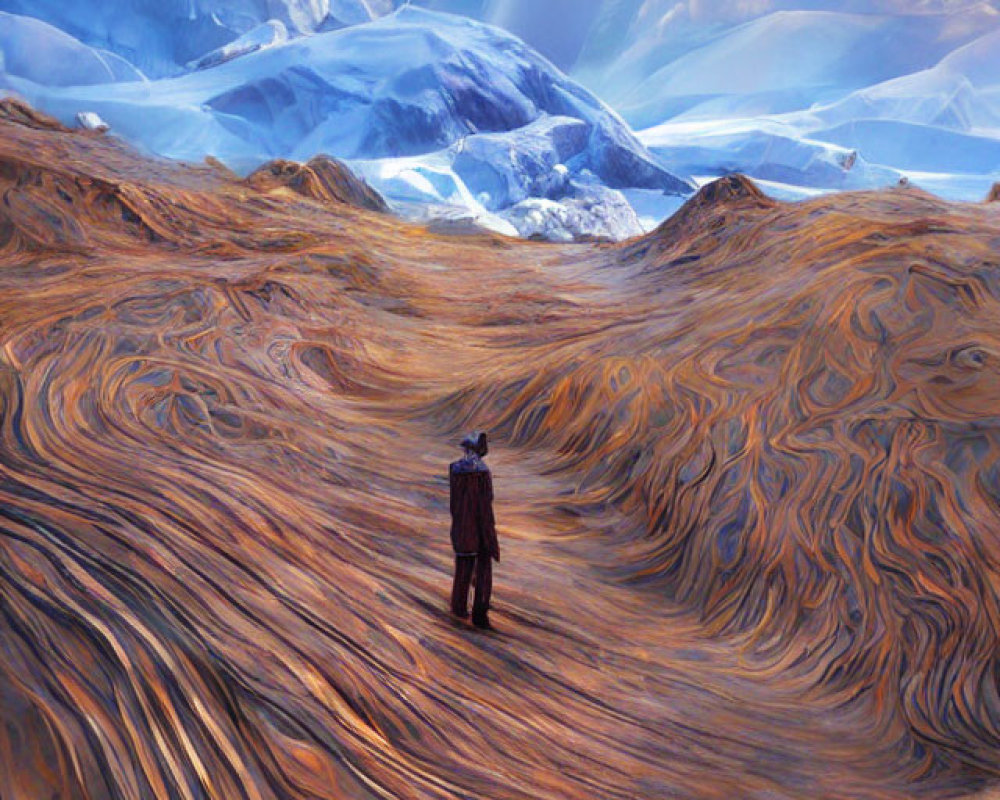 Solitary Figure on Wave-Like Ground with Blue Mountains