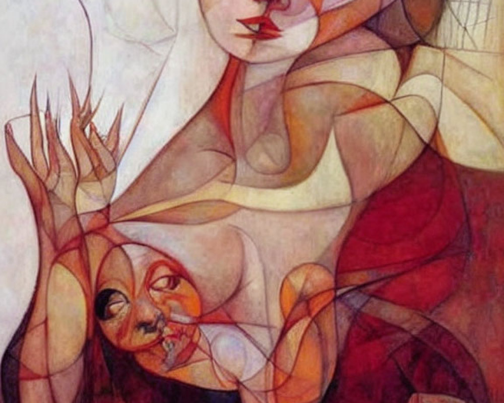 Abstract surrealistic painting with warm colors and distorted faces and shapes