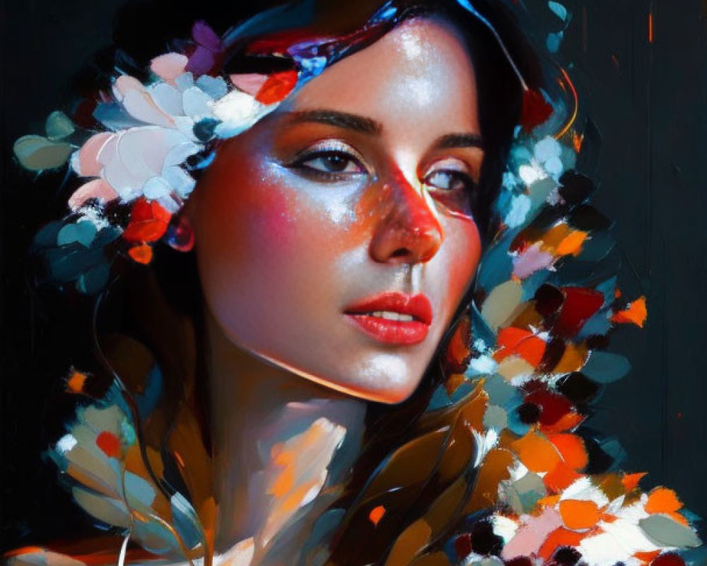 Serene woman portrait with colorful floral arrangement and dramatic lighting