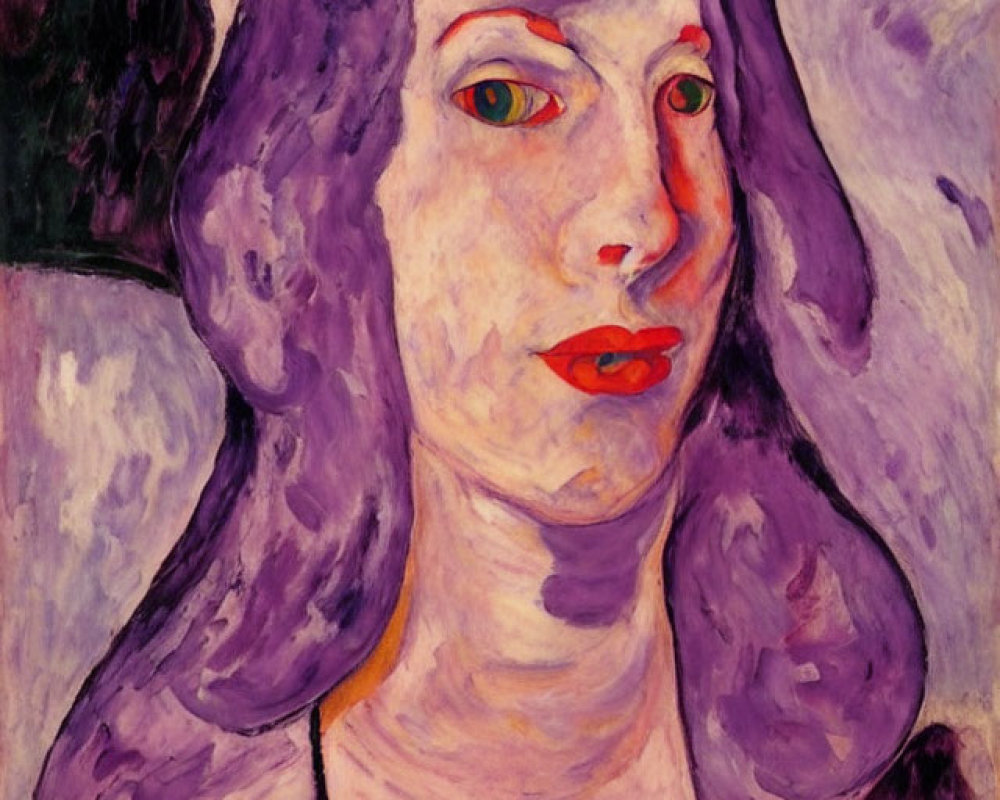 Colorful Expressionist Portrait of Woman with Purple Hair and Red Eyes