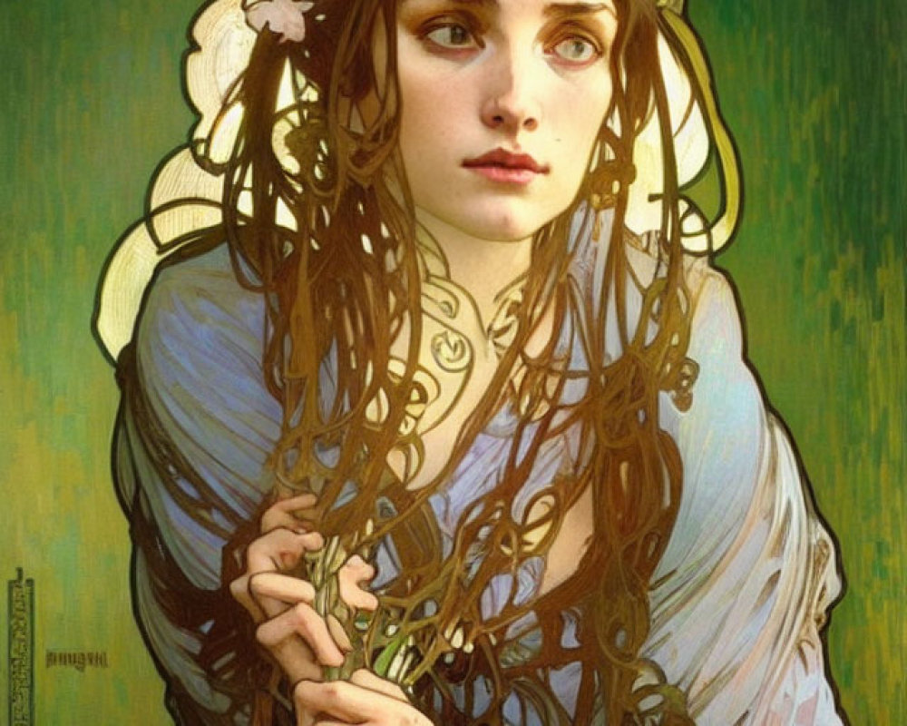 Woman with floral wreath and blue eyes in ethereal attire on green background