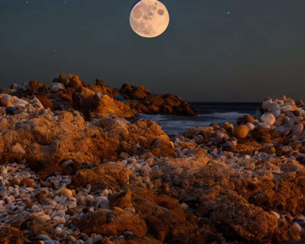 Full Moon Night Seascape with Rocky Terrain and Starry Sky