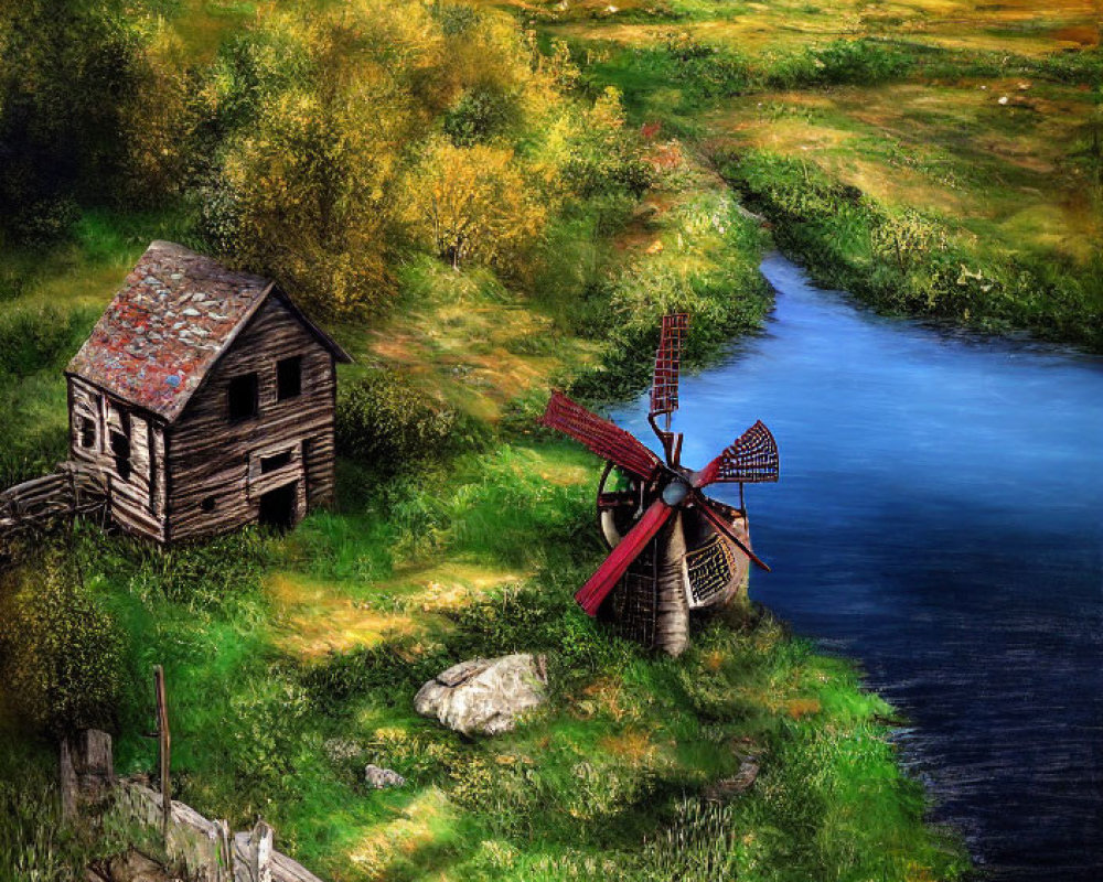 Tranquil rustic landscape with windmill, shack, and river