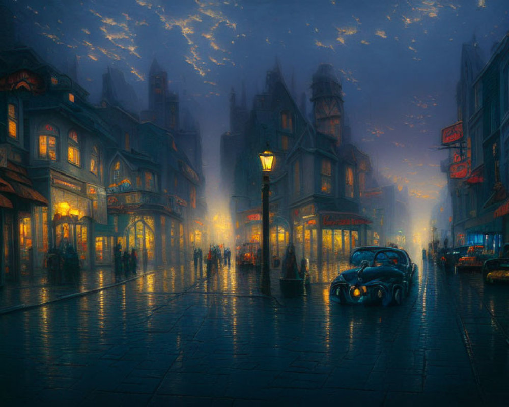 Vintage car on misty cobblestone street at twilight with illuminated shops and emerging stars