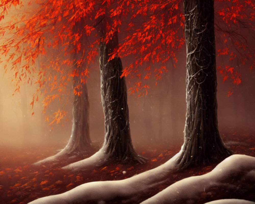 Mystical forest with red autumn leaves and snow-covered trees