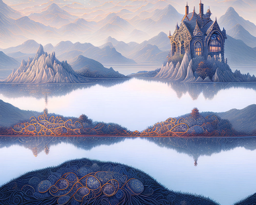 Gothic castle in fantastical landscape with lake, trees, and starry sky