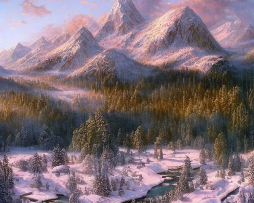 Majestic snow-covered mountains above forest, river, and pink-tinged sky