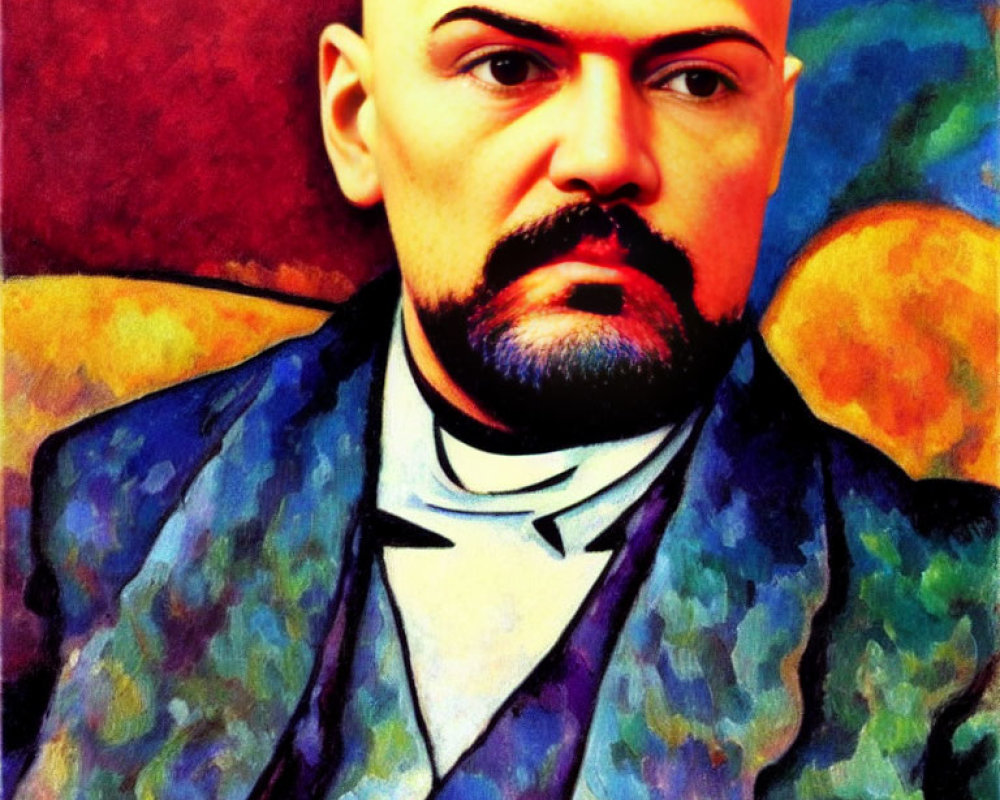 Vibrant portrait of bald man with thick mustache in high-collar shirt and suit