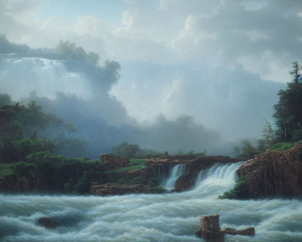 Tranquil landscape with multiple waterfalls and lush greenery