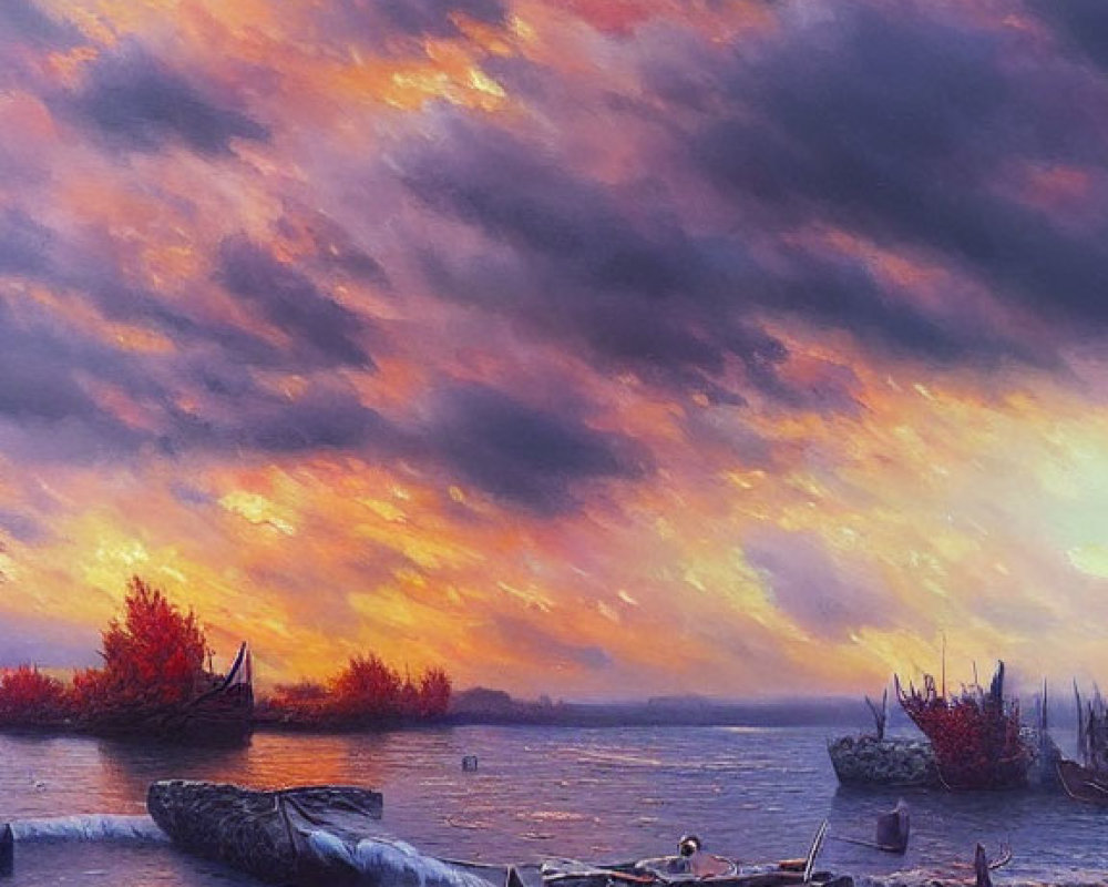 Tranquil lakeside sunset with orange and purple clouds