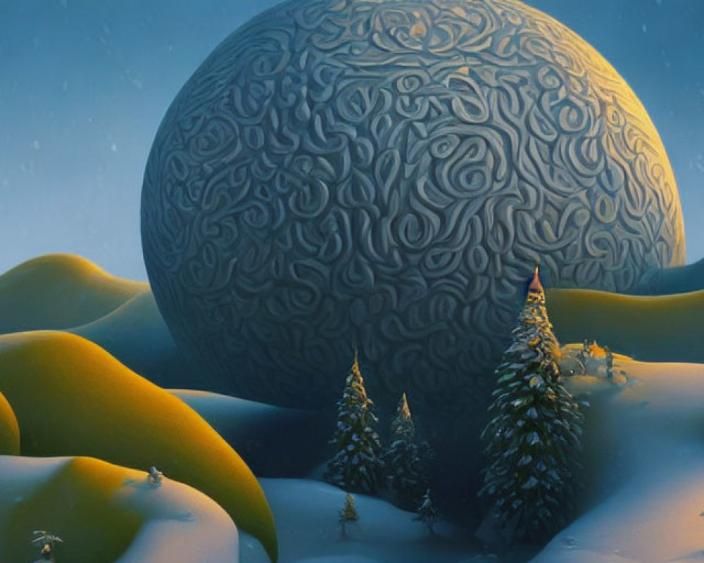 Patterned sphere over snowy landscape with hills and trees under dusky sky