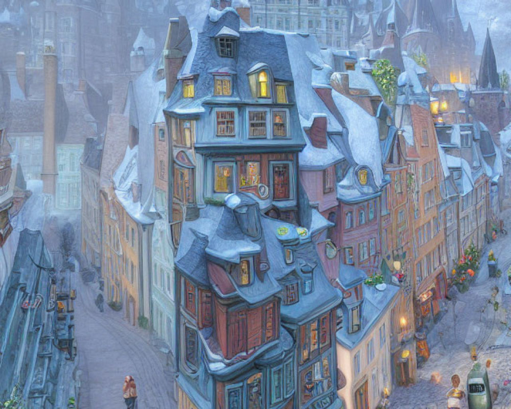 Snow-covered village with crooked buildings in misty dusk