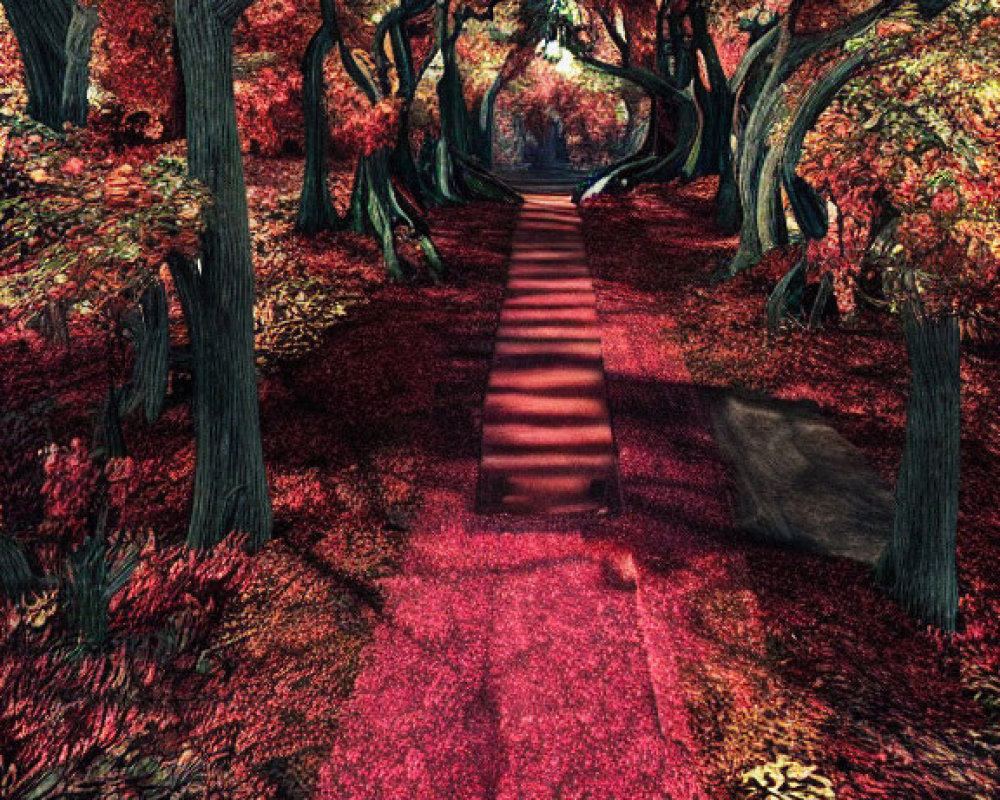 Vibrant autumn forest path with red and orange foliage