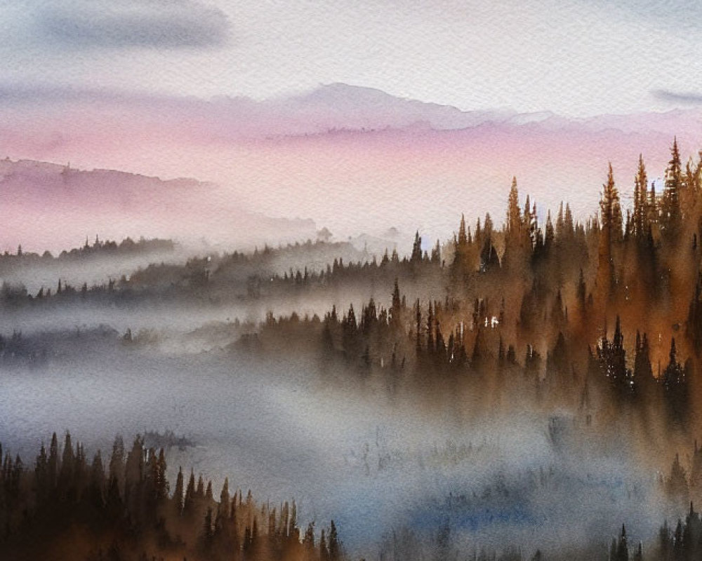 Misty forest landscape at sunrise with layered hues of orange, pink, and blue sky.