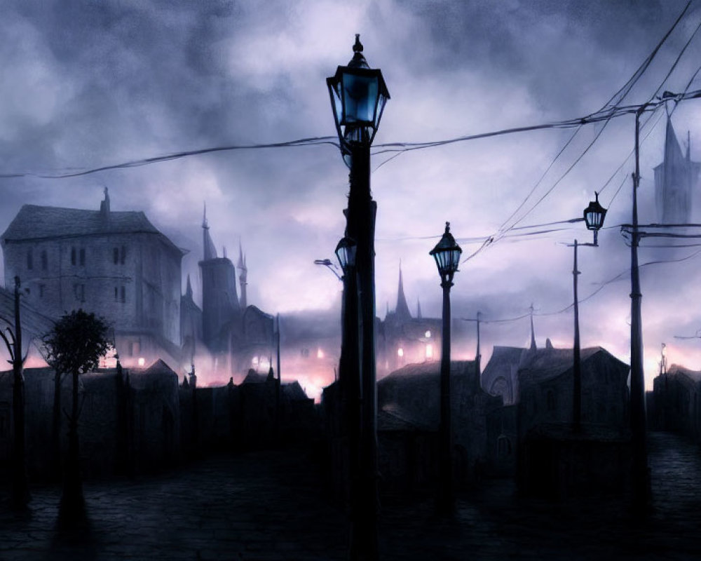 Misty Twilight Scene: Cobblestone Street, Glowing Lamps, Medieval Buildings
