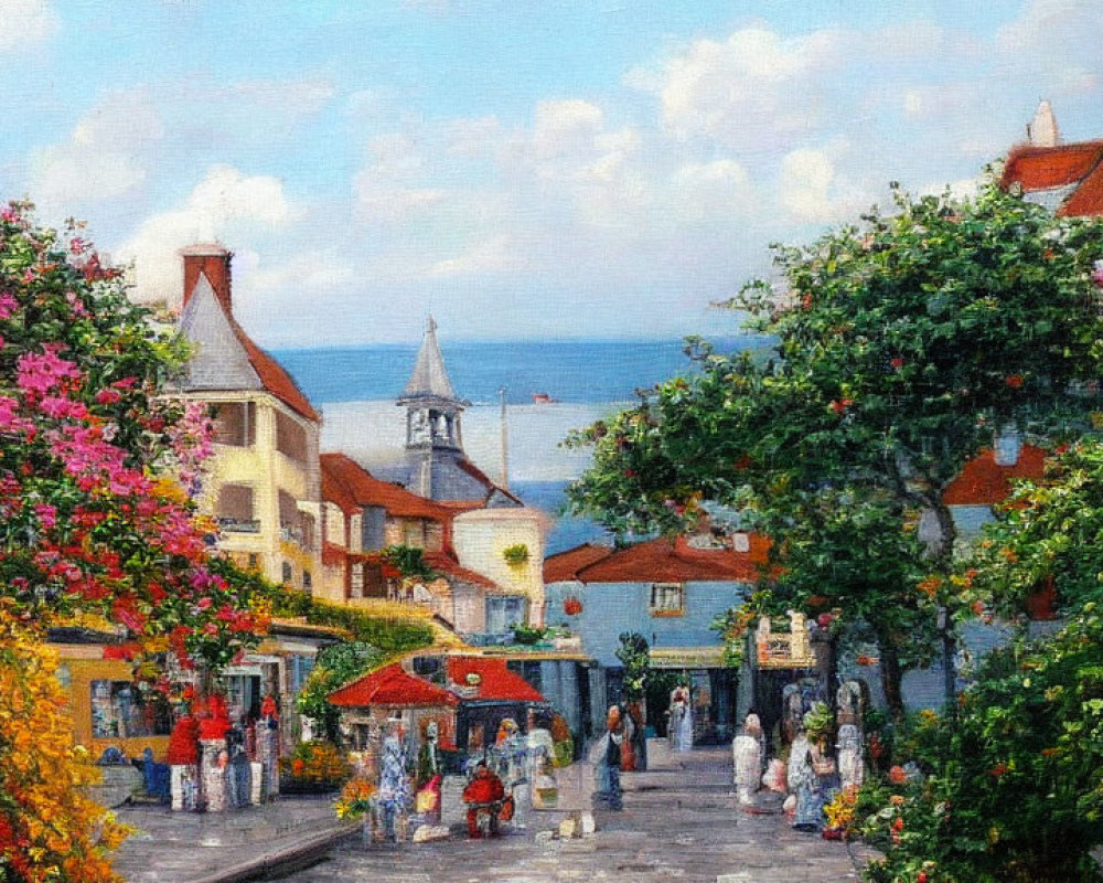 Colorful street scene painting with people, buildings, and sea view.