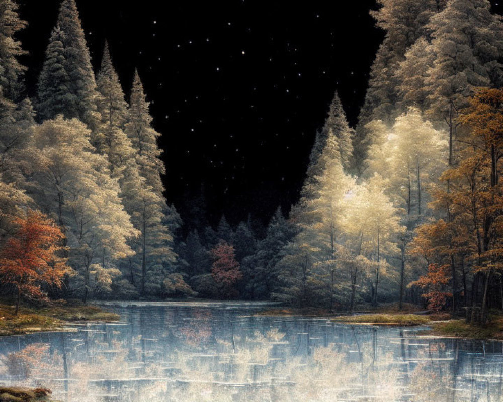 Tranquil Nocturnal Landscape with Trees and Lake