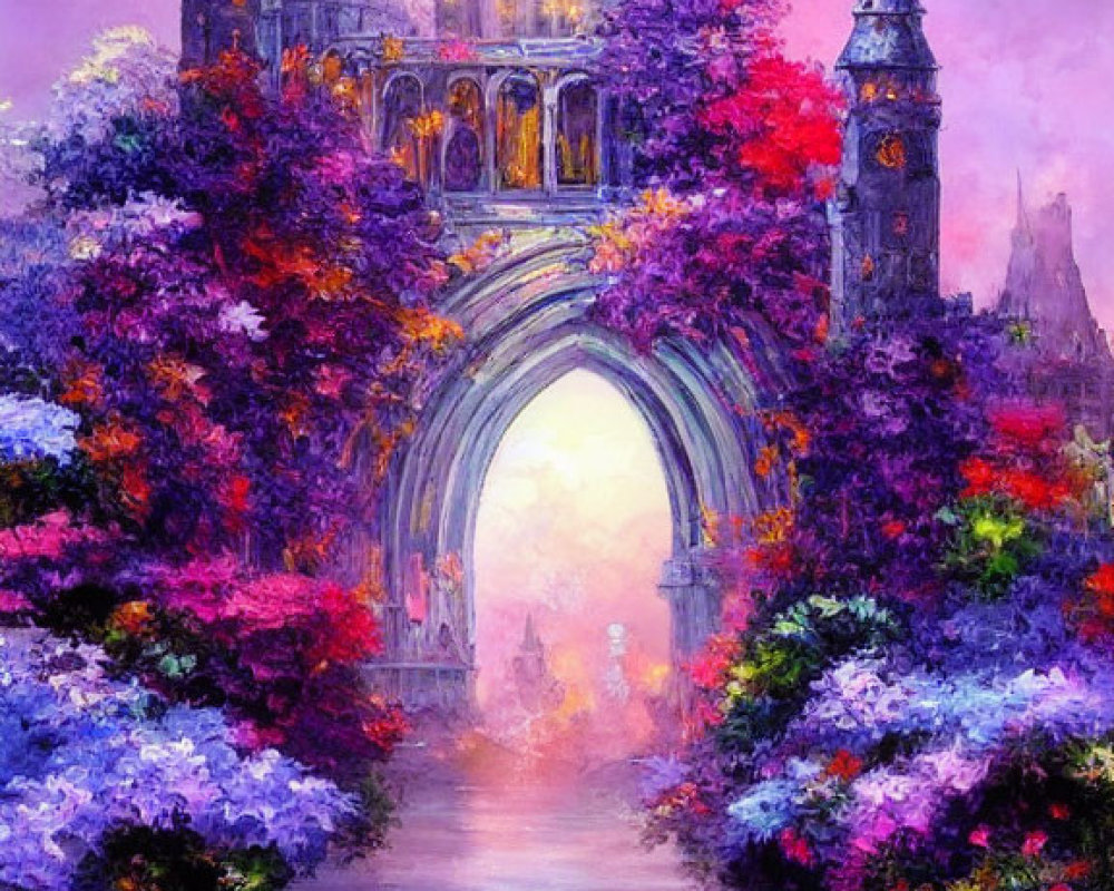 Enchanting fairytale castle painting with lush foliage and river portal