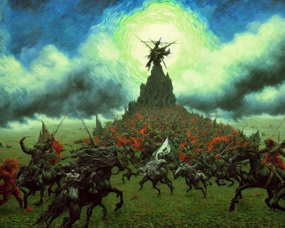 Chaotic cavalry charge in fantasy battle under green sky.