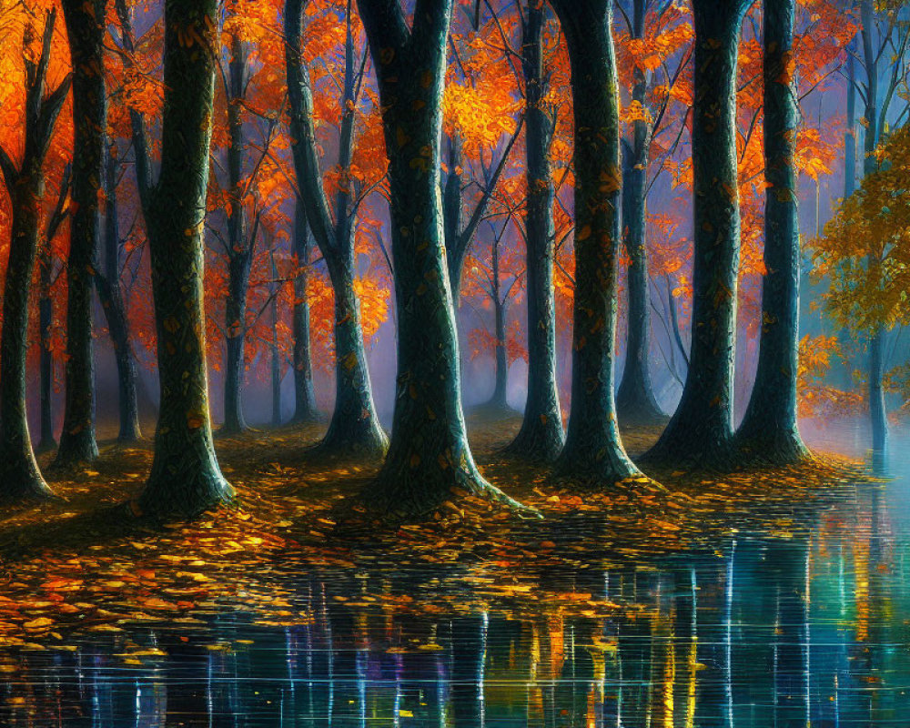 Tranquil autumn forest with vibrant orange leaves and blue water reflection