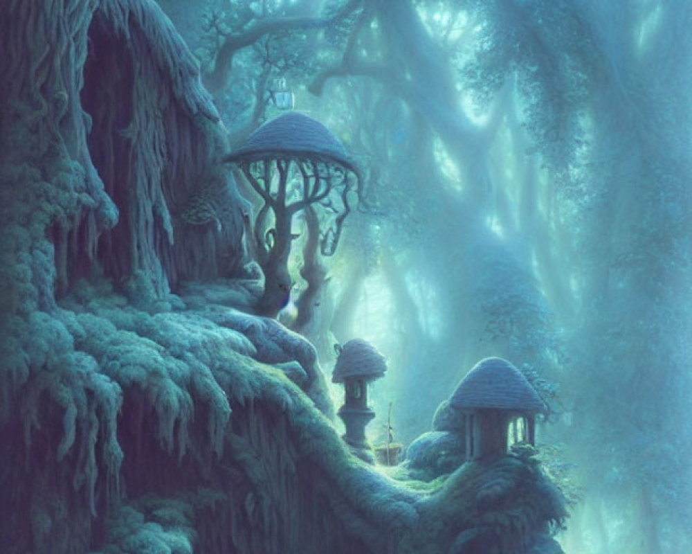 Mystical treehouses in ethereal fantasy forest