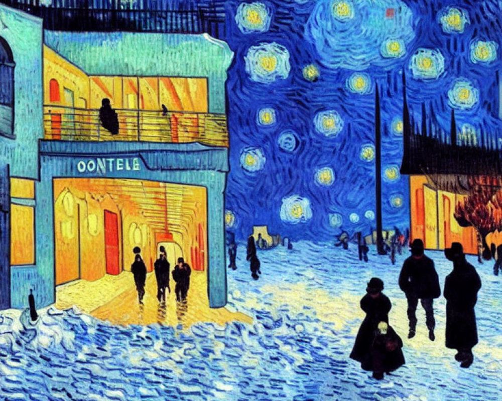 Night scene of small town with swirling blue sky, stars, people, and yellow buildings.