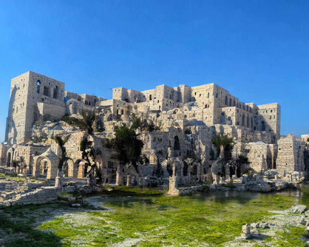 Medieval stone fortress with ancient walls and arched windows under clear blue sky