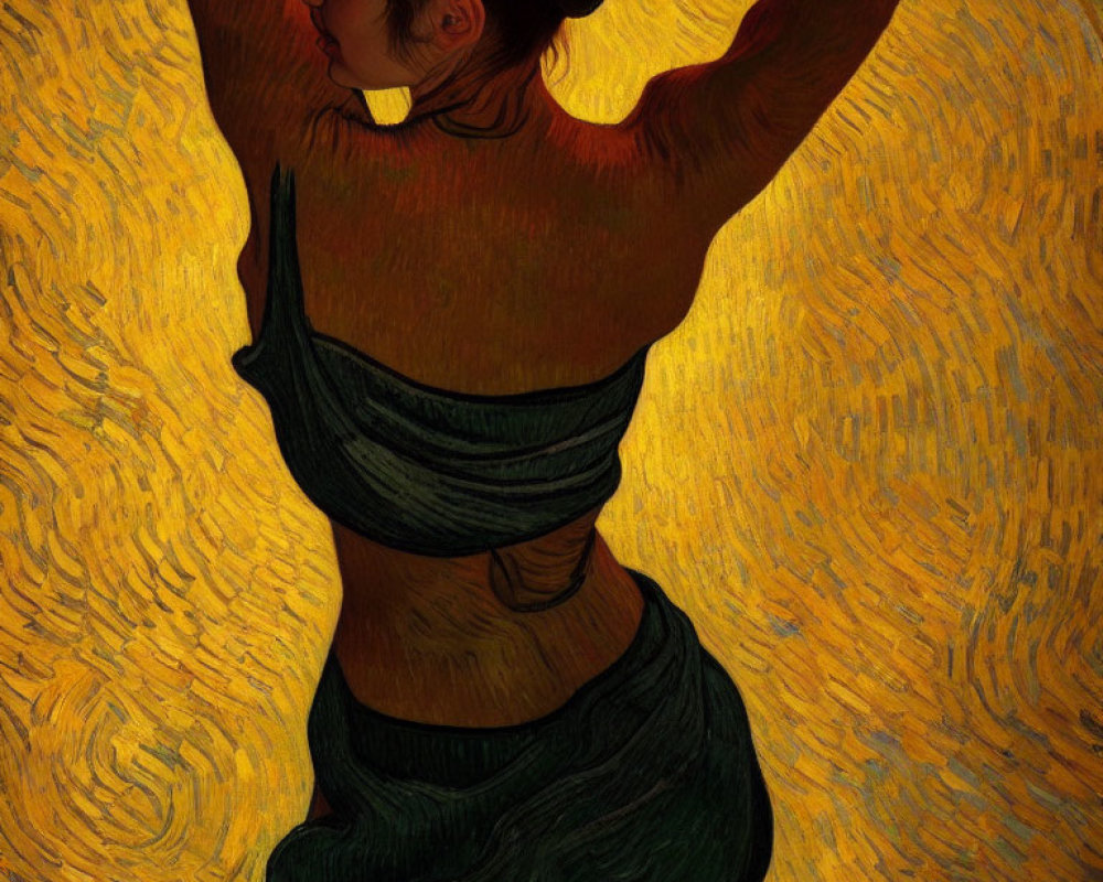 Woman in Van Gogh-style swirling painting with raised arms and green garment on yellow backdrop