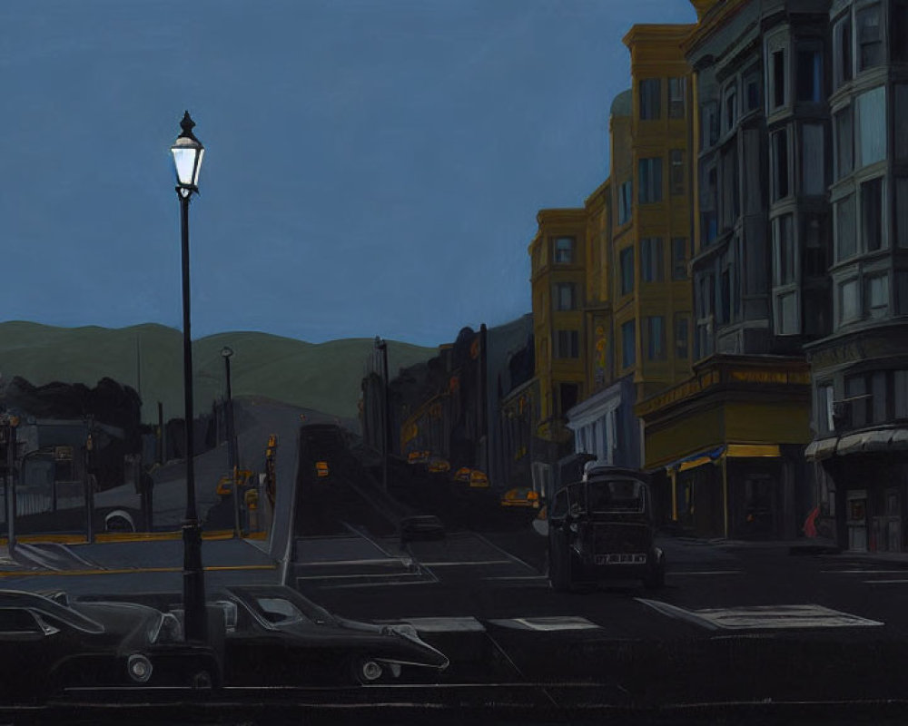 Vintage cars, streetlamp, buildings, and hills in a dark night scene