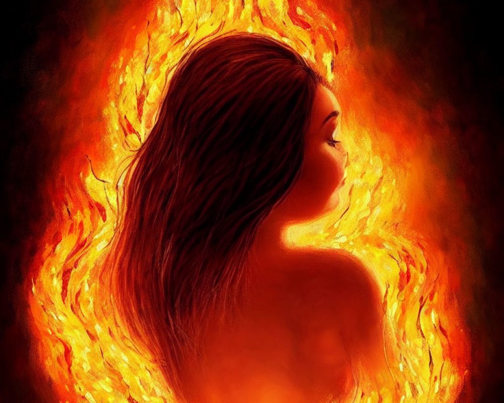 Woman's profile engulfed by vibrant swirling flames